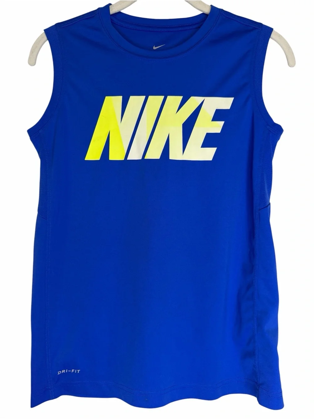 Boys' Nike Dri-FIT Tank Top size Medium Royal Blue Neon Spellout Logo Shirt